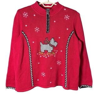 Christmas Scottie Dog Embroidered Snowflake Red 1/4 Zip Sweater Women’s XL